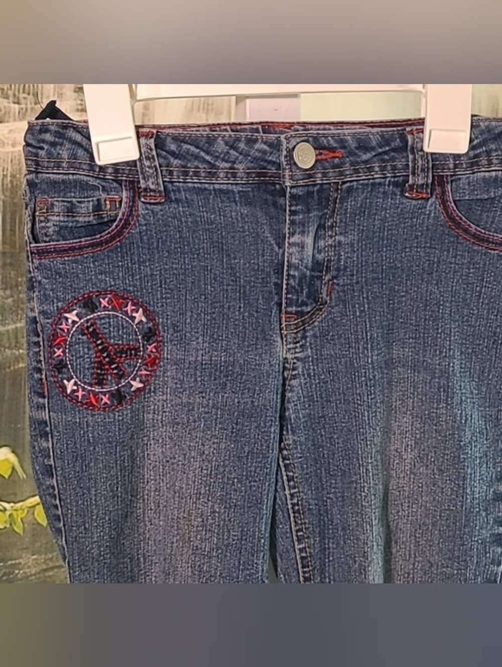 Faded Glory Girls 12 heart peace embroidery jeans adjustable elastic waistband